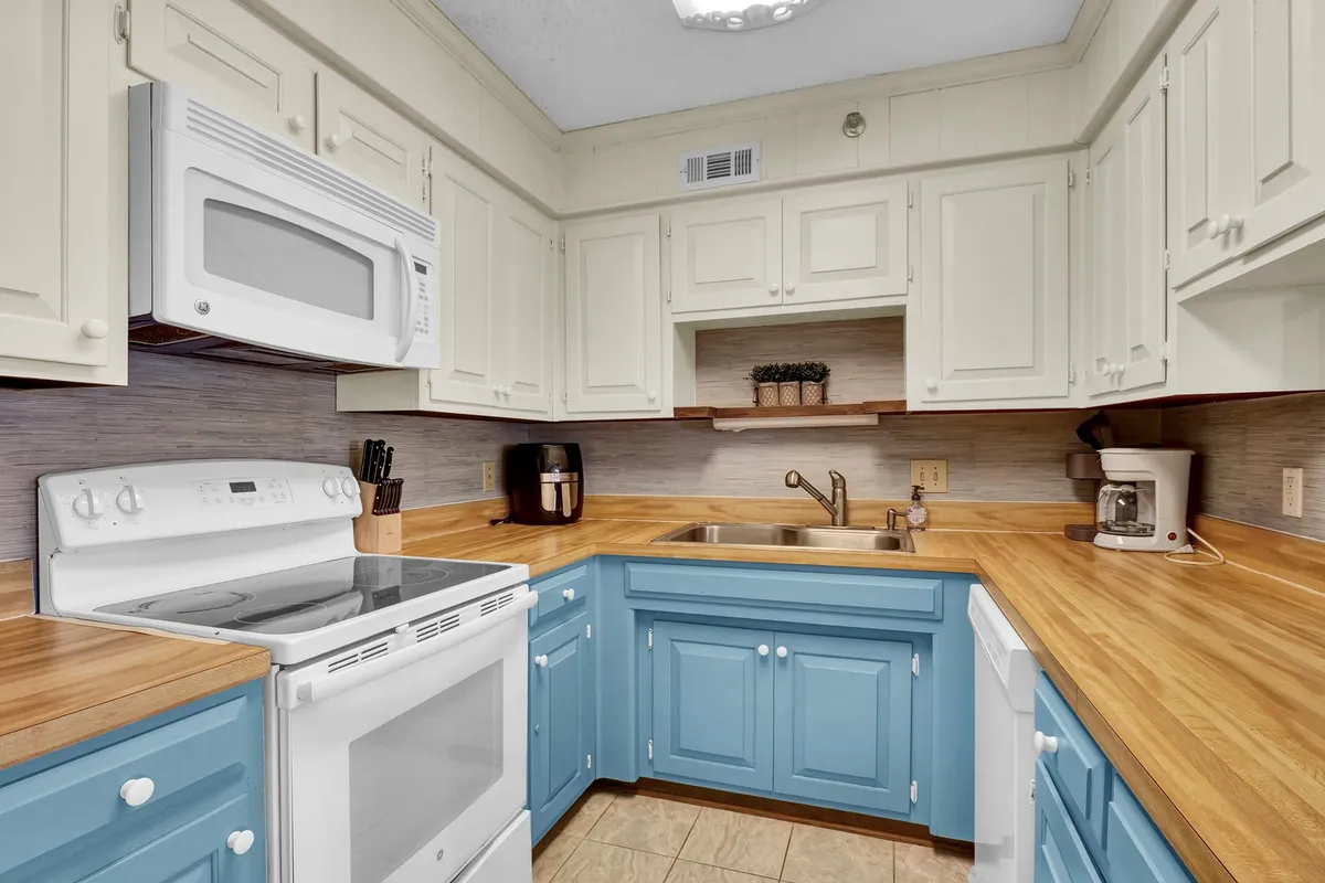 A comfortable, functional kitchen with blue cabinetry, stainless steel appliances, and a wooden countertop. The layout is spacious and bright, supporting meal prep and breaks between work sessions.